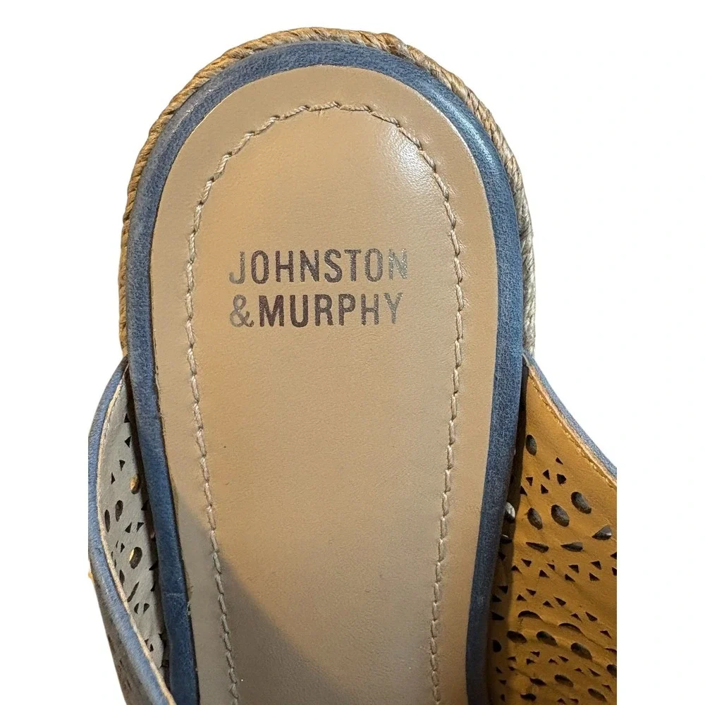 Johnston & Murphy Wedge Sandals Womens 8‎ Blue Laser Cut Espadrille Thong Mules